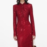 ROCHIE MIDI ROȘIE DIN PLASĂ CU PIETRE STRĂLUCITOARE Self-portrait SC26-172M-R-RED